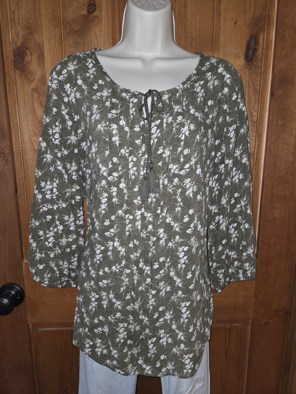 Olive Green Floral Tie-Front‎ Peasant Blouse